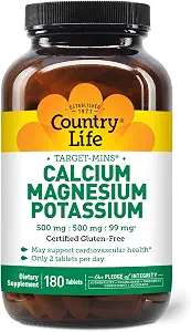 Country Life Target Mins Calcium Magnesium Potassium 500mg/500mg/99mg 180-Tablet