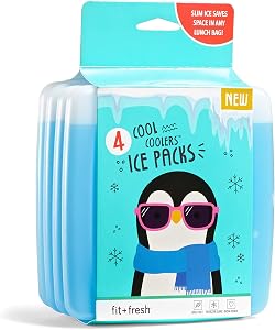 Cool Coolers by Fit + Fresh, Slim Ice Packs, Reusable & Long-Lasting, Perfect For Your Kid's Lunch Box, Camping Accessories, Insulated Lunch Bag, Beach Cooler Bag & More, Pack of 4, Blue