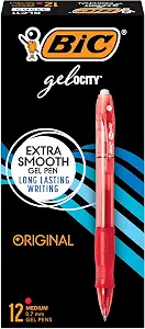 BIC Gel-Ocity Gel Pens, Medium Point Retractable (0.7mm), Red Ink Gel Pen, 12-Count