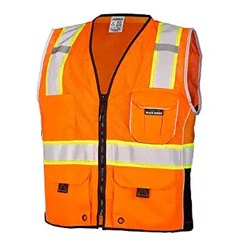 Kishigo Premium Black Series Heavy Duty Unisex Reflective Safety Vest 1514, ANSI Type R / Class 2 Compliant, 6 Pockets - Pencil & Radio Pockets, Reflective Silver Lining & Black Trim (Orange, XL)