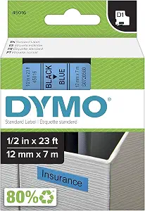 DYMO Standard D1 Labeling Tape for LabelManager Label Makers, Black Print on Blue Tape, 1/2'' W x 23' L, 1 Cartridge (45016)