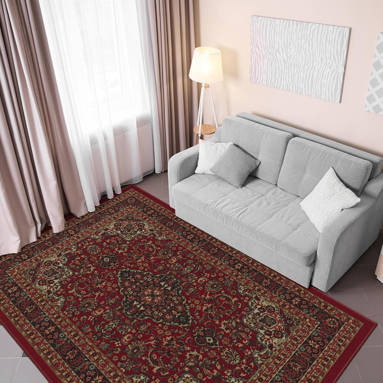 Machine Washable Medallion Oriental Design Non-Slip Rubberback 5x7 Traditional Area Rug for Living Room, Bedroom, Kitchen, Dining Room, 5' x 6'6", Red