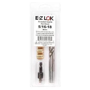 E-Z LOK 400-5 Threaded Inserts for Wood, Installation Kit, Brass, Includes 5/16-18 Knife Thread Inserts (5), Drill, Installation Tool