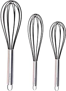 Silicone Whisk Set of 3 - Stainless Steel & Silicone Non-Stick Coating – Colored Balloon Egg Beater for Blending, Whisking, Beating, Frothing & Stirring (12-inch, 10-inch & 8.5-inch)