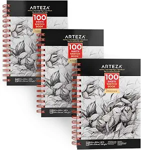 Arteza Small Sketch Book 5.5x8.5 Inches, Pack of 3 Sketch Pads, 100 Sheets Each, Spiral-Bound 68-lb Drawing Pad Paper, Art Supplies for Graphite and Colored Pencils, Charcoal, and Soft Pastels