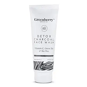 Greenberry Organics Detox Charcoal Face Wash, Vitamin C, Green Tea, Tea Tree, Controls Oil, Anti Acne, Anti Pollution, All Skin Type, Unisex, Natural & Organic, 120 ml