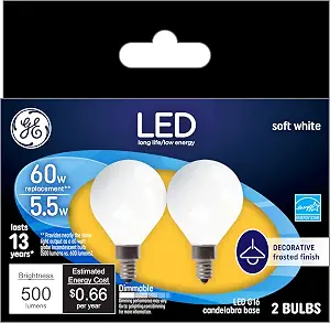 GE LED Light Bulbs, 60 Watt Eqv, Soft White, G16 Globe Bulbs, Frosted, Small Base (2 Pack)