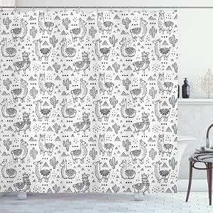 Ambesonne Llama Shower Curtain, Abstract Triangles Doodle Style Alpacas in Monochrome Cartoon Pattern, Cloth Fabric Bathroom Decor Set with Hooks, 69" W x 70" L, White Charcoal Grey