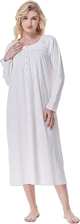 Keyocean Elegant Nightgowns for Women, Soft 100% Cotton Comfy Lightweight Long-sleeve Sleepwear Gown for Mom or Granny