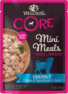 Wellness CORE Natural Grain Free Small Breed Mini Meals Wet Dog Food, Chunky Chicken & Tuna Dinner in Gravy, 3-Ounce Pouch (Pack of 12)