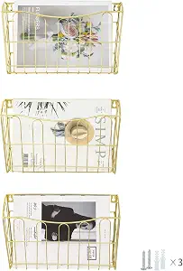 Hanging File Organizer, 3 Pocket Wall Mount Document Letter Tray Wall File Holder Storage Rack for Office School Home, Gold