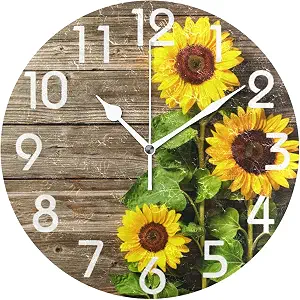 Naanle Stylish 3D Beautiful Sunflowers Vintage Wood Autumn Round Wall Clock, 9.5 Inch Battery Operated Quartz Analog Quiet Desk Clock for Home,Office,School
