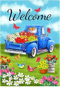 Morigins Welcome Flower Truck House Flag Spring Old Truck Blue Daisy House Yard Flag 28 x 40 Inch