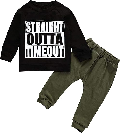 TUEMOS Toddler Boy Clothes Straight Outta Time Out Letter Sweatshirt Top + Camouflage Pants Outfit Set