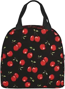 PrelerDIY Black Sweet Cherry Lunch Box Insulated Meal Bag Lunch Bag Reusable Snack Bag Food Container For Boys Girls Men Women School Work Travel Picnic