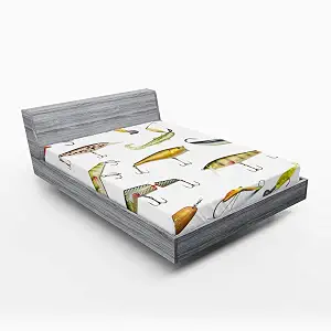 Ambesonne Fishing Fitted Sheet, Fishing Tackle Bait for Spearing Trapping Catching Aquatic Animals Molluscs Design, Soft Decorative Fabric Bedding All-Round Elastic Pocket, Queen Size, White Yellow
