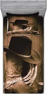 Ambesonne Western Fitted Sheet & Pillow Sham Set, Wild West Themed Cowboy Hat and Old Ranching Rope on Wooden Display Rodeo Cowboy Style, Decorative Printed 2 Piece Bedding Decor Set, Twinxl, Brown