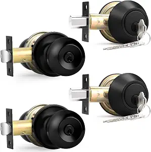 Probrico Flat Black Double Cylinder Handleset Combo Pack Keyed Alike Entry Knobs with Deadbolts Exterior Hardware for Outside Gate and Front Door 2 Pack