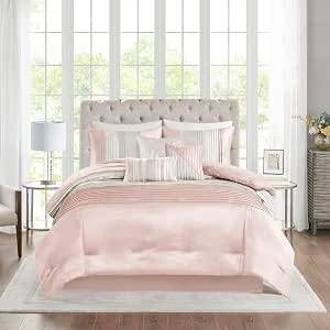Madison Park Amherst Faux Silk Comforter Set-Casual Contemporary Design All Season Down Alternative Bedding, Matching Shams, Bedskirt, Decorative Pillows, Queen (90 in x 90 in), Blush/Taupe 7 Piece
