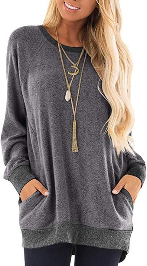 Beyove Womens Casual Color Block Long/Short Sleeve Pocket Lightweight Knit Sweatshirts T Shirts Round Neck Blouses Tops