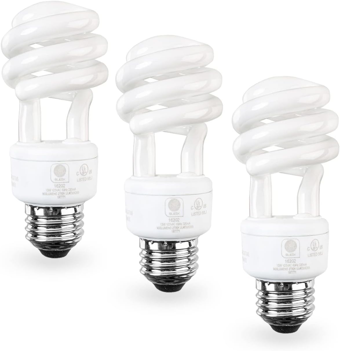SLEEKLIGHTING E26 Standard Screw Base 13Watt CFL Light Bulb - 3 Pack, 5000 Kelvin for Pure White Daylight and 800 Lumens (65 Watt Incandescent Light Bulb Equivalent) - UL Listed