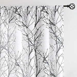 FMFUNCTEX Black White Semi-Sheer Curtains for Living-Room 84 inches Length Tree Print Semi-Sheer Window Drapes for Bedroom Branch Curtain Panels 2pcs Rod Pocket