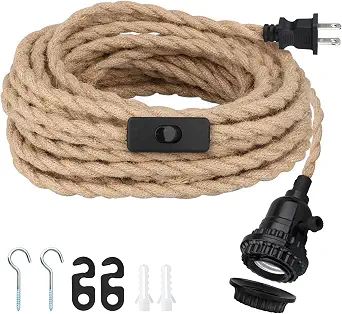 Zevnico 16.5FT Pendant Light Kit, Hanging Lights with Plug in Cord & Switch, Hemp Rope Swag E26 Socket Pendant Lamp, Extension Lantern Cable Vintage Farmhouse Industrial Retro DIY Decoration Fixtures