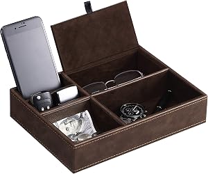BEWISHOME Mens Valet Tray Dresser Organizer Nightstand Organizer for Mens Accessories, Faux Leather,Brown SSH06Z