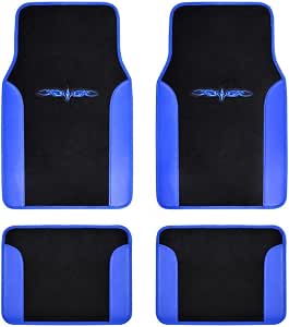 BDK carXS Fresh Two-Tone Carpet Floor Mats, Tribal Tattoo Design with Vinyl Trim for Car Sedan Truck SUV, Front & Rear Set of 4, Blue