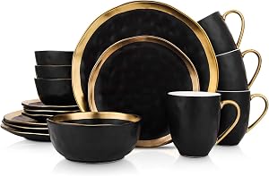 Stone Lain Porcelain 16 Piece Dinnerware Set, Service for 4, Black and Golden Rim