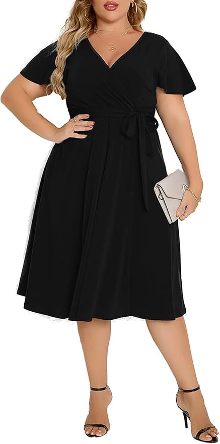 Agmibrelr Women's Plus Size Flutter Sleeve Dress Deep V Neck A-Line Swing Midi Dresses