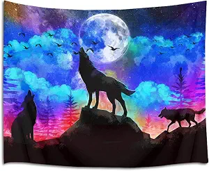 HVEST Wolf Tapestry Three Wolves Howling on Mountain Tapestries Psychedelic Starry Sky Full Moon and Forest Wall Hanging Poster for Bedroom Living Room Dorm Party Decor,59x51 inch