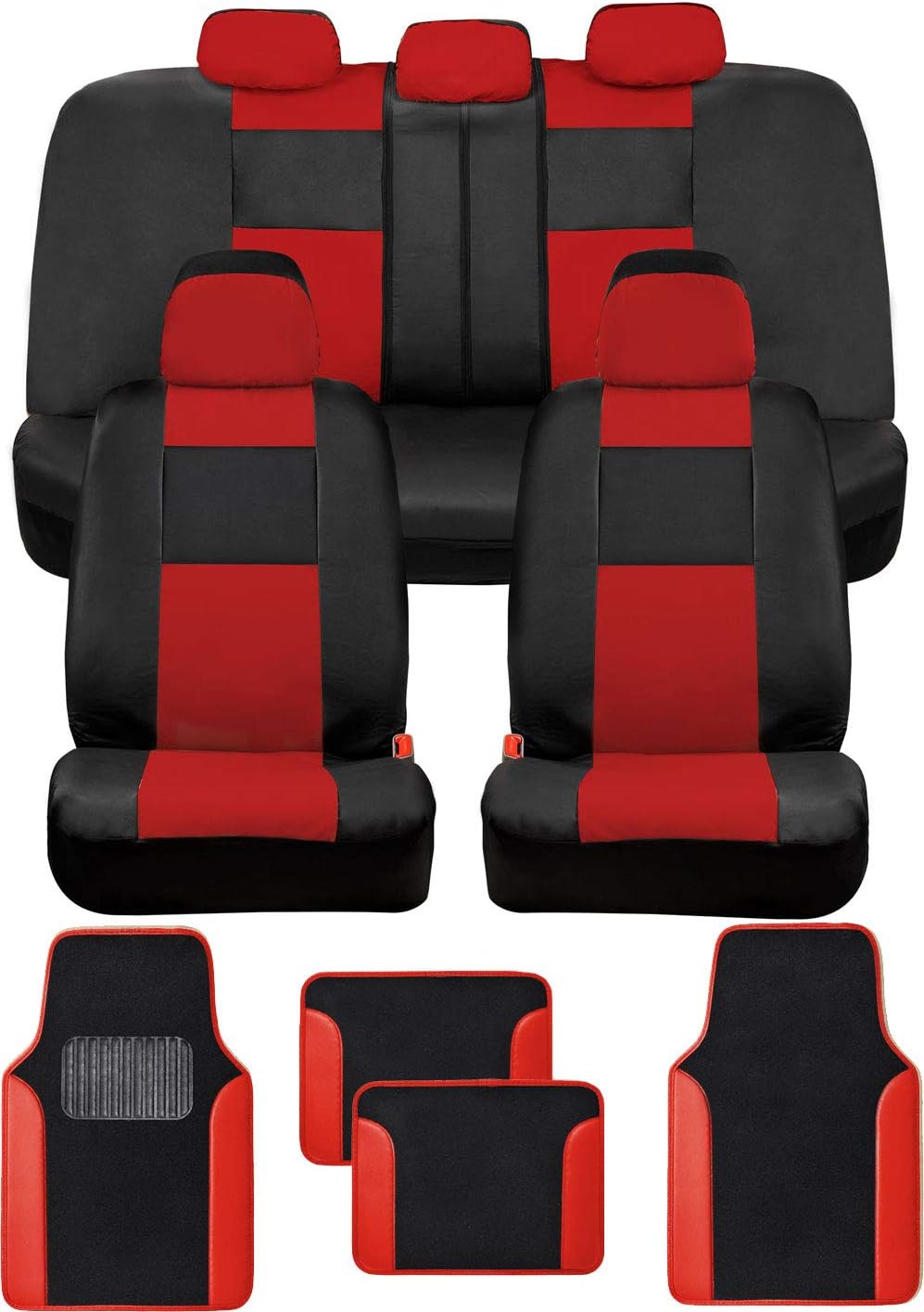 BDK Croc Skin Faux Leather Car Seat Covers Full Set with Carpet Car Floor Mats - Front and Rear Bench Seat Covers with Carpet Floor Liners, Car Interior Covers Gift Set (Red)