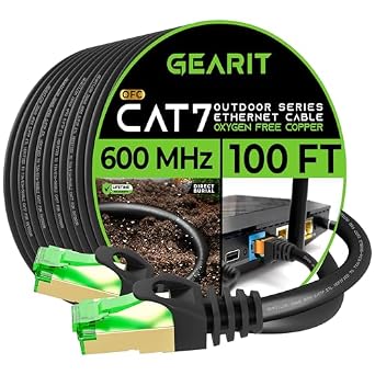 GearIT Cat7 Outdoor Ethernet Cable (100ft) SFTP Shielded Foil Twisted Pair, Pure Copper, LLDPE, Waterproof, Direct Burial, In-Ground, UV Resistant, POE, Network, LAN, Internet, Cat 7-100 Feet