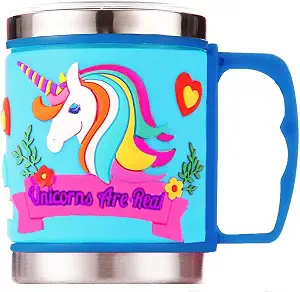F-32 12 Oz Kids Stainless Steel Unicorn Blue 3D Mug with 2 Pack Slider Closure Lids - Eco-Friendly - BPA Free Signature Collection (Unicorn Blue)