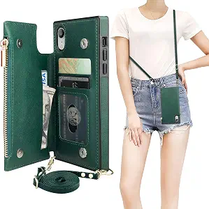 Bocasal Crossbody Wallet Case for iPhone Xr with Card Holder,Zipper Card Slot Protector Shockproof Purse Cover with Removable Cross Body Strap 6.1 Inch(Green)