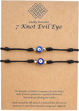 Binami 2 Pcs Evil Eye 7 Knot Lucky Bracelets Adjustable String Matching Friendship Gift for Women Men