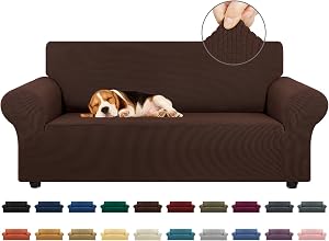 KEKUOU Stretch Loveseat Sofa Cover Slipcover,Couch Covers for 2 Cushion Couch Sofa (55"-79") Furniture Protector Sofa with Elastic Bottom for Kids,Dog. Jacquard Small Checked (Medium,Chocolate)