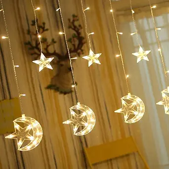 Twinkle Star 138 LED Star Moon Curtain String Lights, Window Curtain Lights with 8 Flashing Modes Ramadan Decoration Christmas Wedding, Party, Home, Patio Lawn Decorations, Warm White