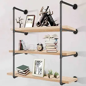 VEVOR Industrial Pipe Shelves 3-Tier Wall Mount Iron Pipe Shelves 2 PCS Pipe Shelving Vintage Black DIY Pipe Bookshelf Each Holds 44lbs Open Kitchen Shelving for Bedroom & Living Room W/Accessories