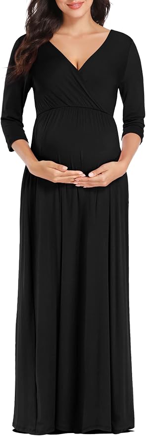 KIM S Maternity Maxi Dress with Flower Sash(S-3XL)/Wrapped Ruched V Neck Photoshoot Baby Shower Dresses