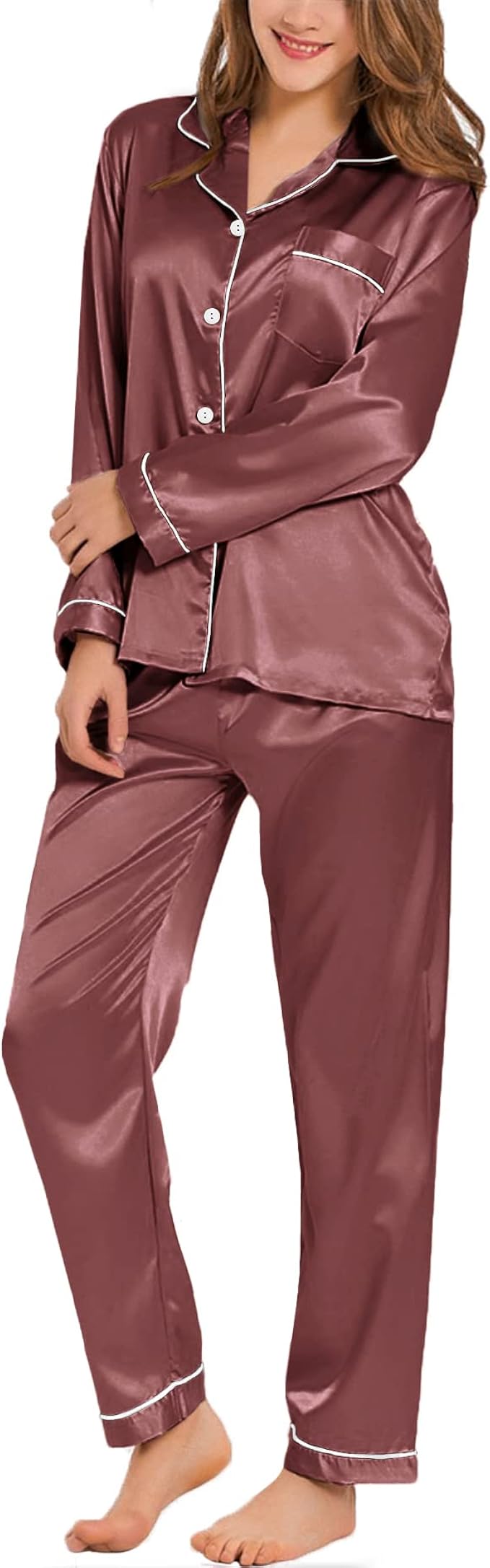 SWOMOG Womens Silk Satin Pajamas Loungewear Two-piece Sleepwear Button-Down Pj Set