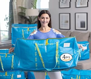 Extra Large Heavy Duty Moving Bags,Storage Bags with Handles for Packing,4 Large Totes,Waterproof Oversized Organizers,Reinforced Puncture Resistance and Strong Zipper Pulls,Alternative To Moving Box
