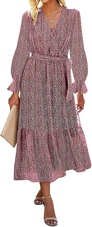 BTFBM Women's Casual Party Summer Fall Dresses 2023 Long Sleeve Wrap V Neck Swiss Dot Swing A-Line Maxi Dress with Belt