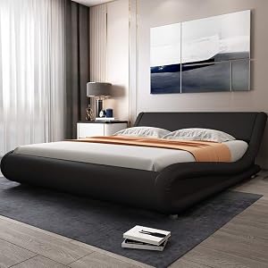 Allewie Full Size Bed Frame with Curved Adjustable Headboard, Faux Leather Upholstered Platform Bed, Strong Wooden Slats Support, 10-12'' Mattress Recommended, Black