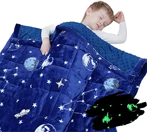 Bood Glow Minky Kids Weighted Blanket 7 lbs, Glow in Dark Weighted Blanket 7lb, Childrens Weighted Blanket 7lbs,7 lb Weighted Blanket, Kids Weighted Blanket 7 Pounds,Blue Space Weighted Throw Blanket