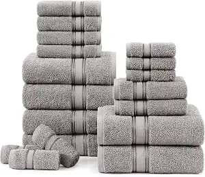 LANE LINEN Bath Towels for Bathroom Set- 100% Cotton Towel Set, Soft Bath Set- 6 Bathroom Towels, 6 Hand Towels, 6 Wash Cloths, Quick Dry, Highly Absorbent Shower Towels - 18 Piece Set Grey