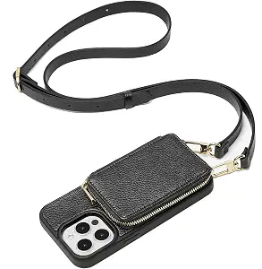ZVE iPhone 13 Pro Crossbody Wallet Case, Zipper Phone Case with RFID Blocking Card Holder Wrist Strap Purse Cover Gift for Women Compatible with iPhone 13 Pro (6.1 inch, 2021)- Black