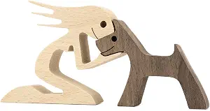 BOBO BIRD Wooden Dog Cat Family Statue, Handmade Wood Decoration, Cute Puppy, Kitty and People Statue Sculpture Ornament Collectible Figurine Craft Arts for Home, Office, Living Room (Women+Puppy（L）)