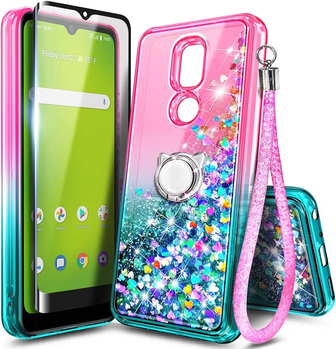 NZND Case for At&t Motivate 3 (3rd Version)/ Motivate 2 (2nd)/ Cricket Icon 3/ Cricket Splendor with Tempered Glass Screen Protector, Ring Holder/Wrist Strap, Glitter Liquid Cute Case (Pink/Aqua)